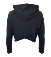 short black hoodie, the back has overlayed section starting at bottom left and ending under arm pit on right arm, underneath section starts bottom right of hoodie towards left arm pit, creating a low V in the bottom of hoodie