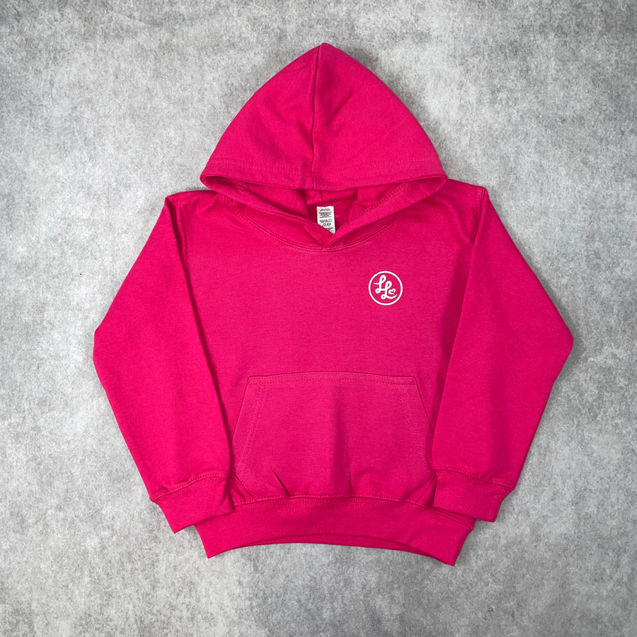 Bright pink hoodie with a kangaroo pocket and a white Locket Loves logo on the left chest