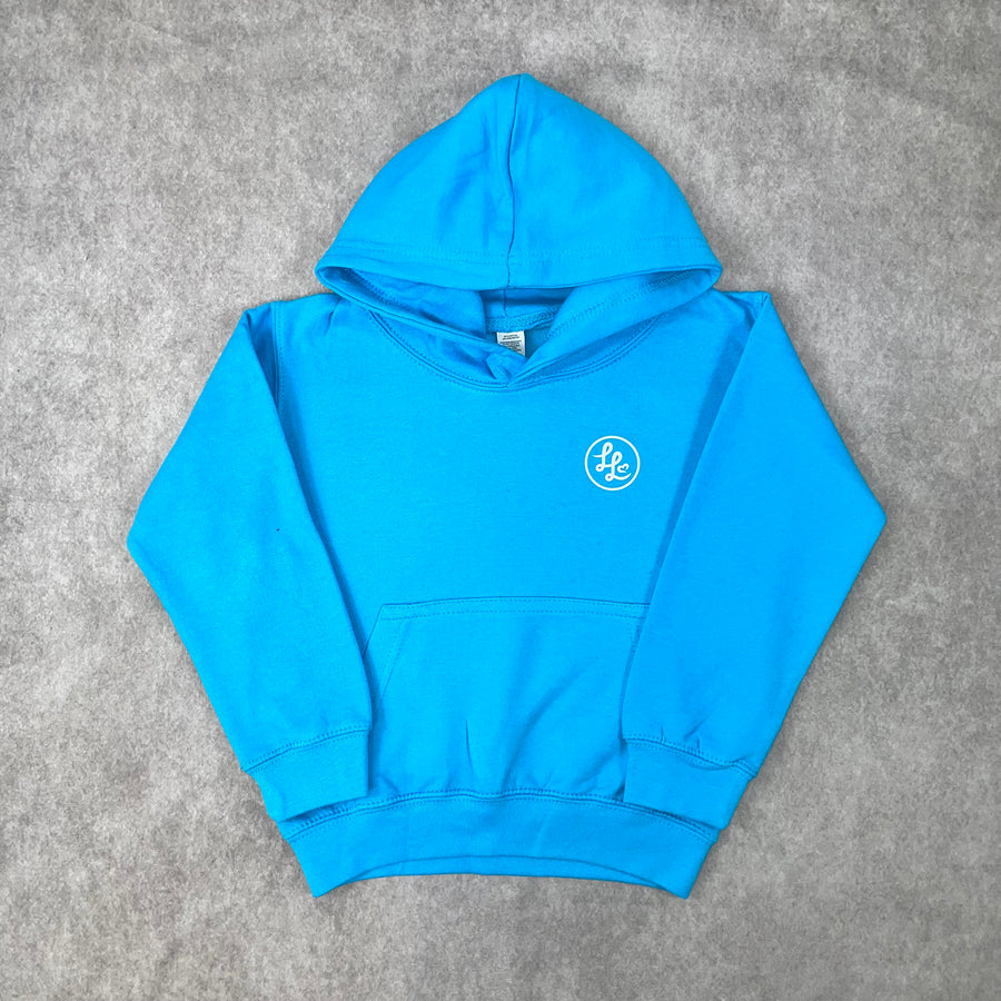 Bright blue hoodie with a kangaroo pocket and a white Locket Loves logo on the left chest