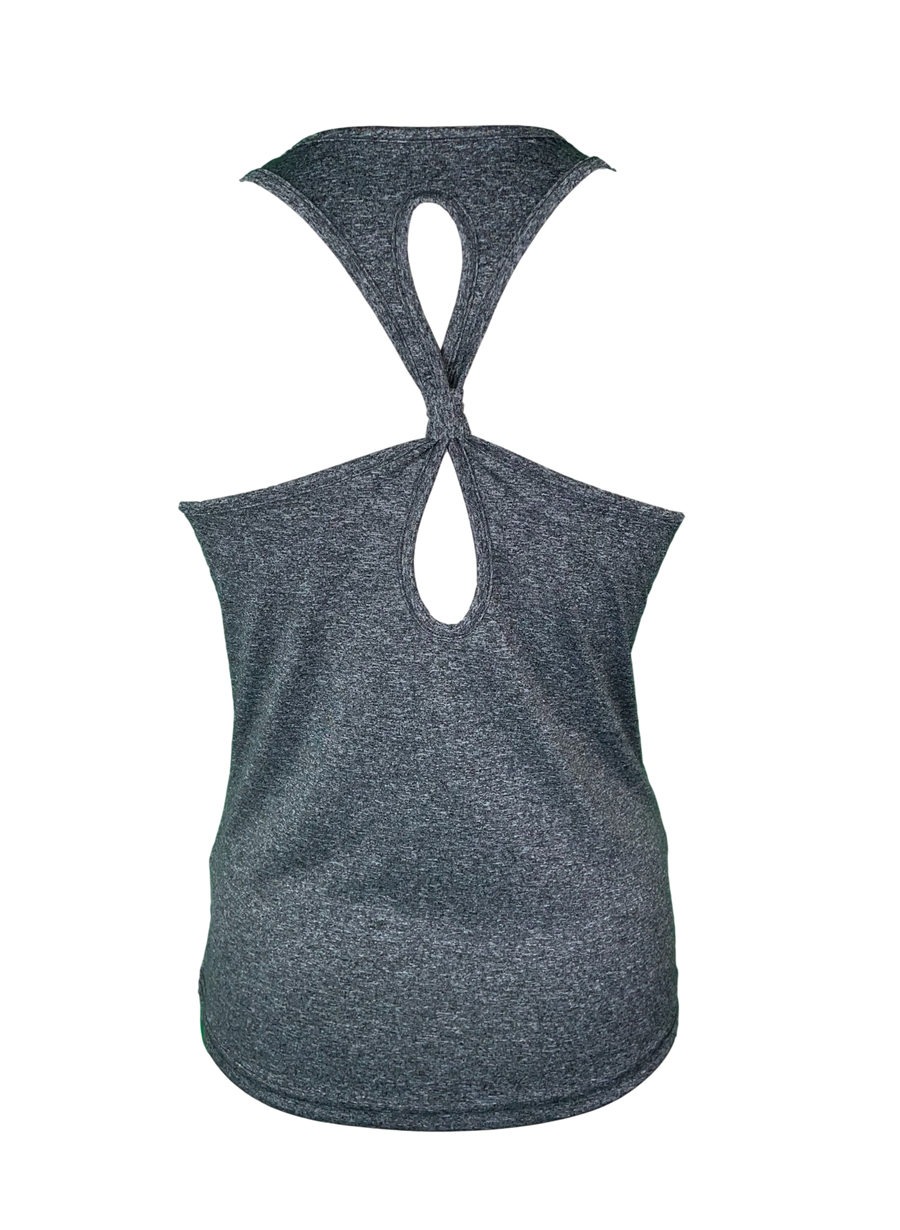 grey racer style back tied with a knot between shoulder blades