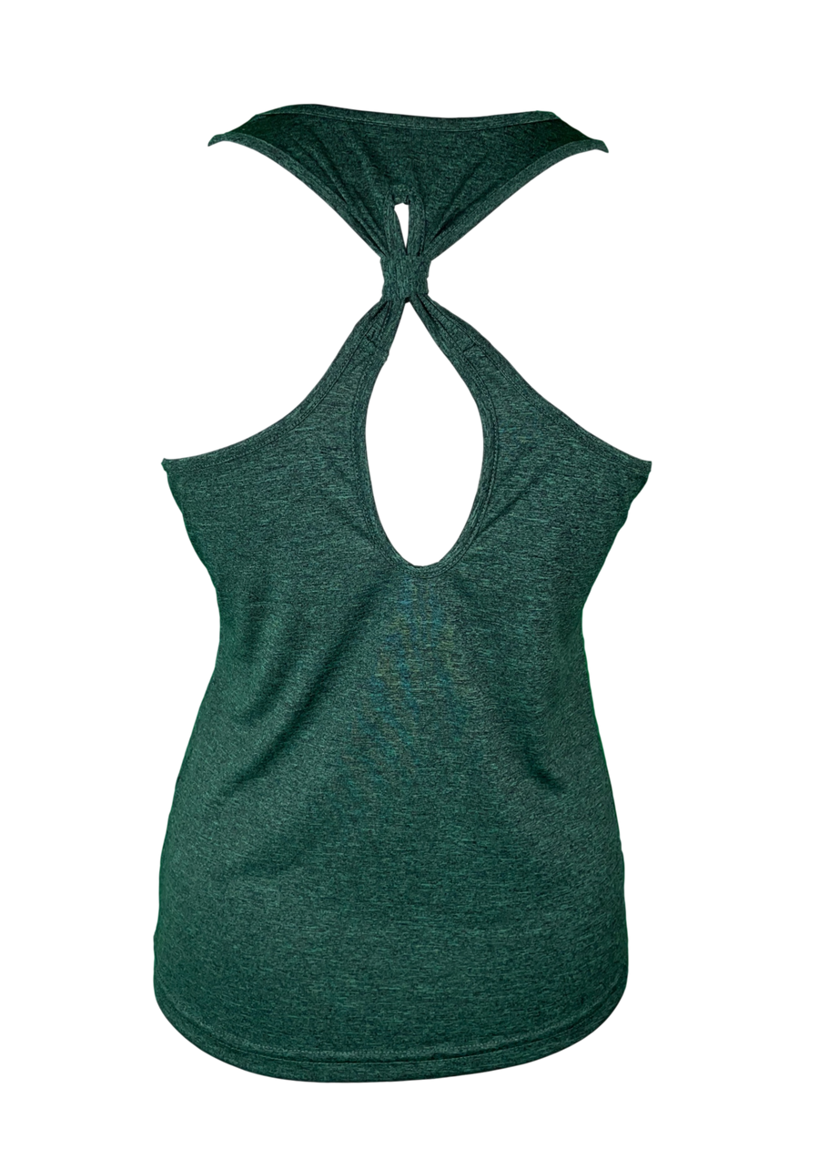 darker green racer style back tied with a knot between shoulder blades