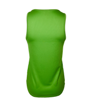 Back of the lime green long vest with high neckline across shoulders.