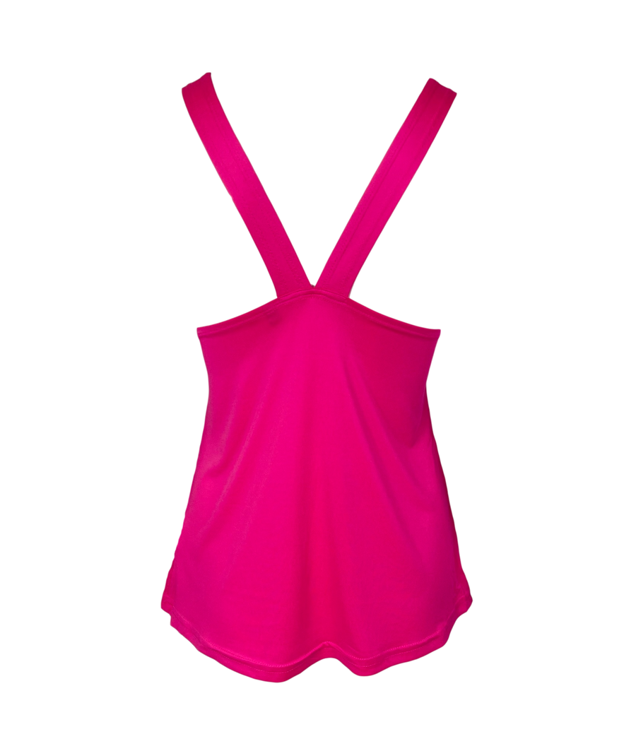 Back of neon pink swing vest with half back and 2 thick straps which join onto the body in the middle of the back in a dropped racer back.