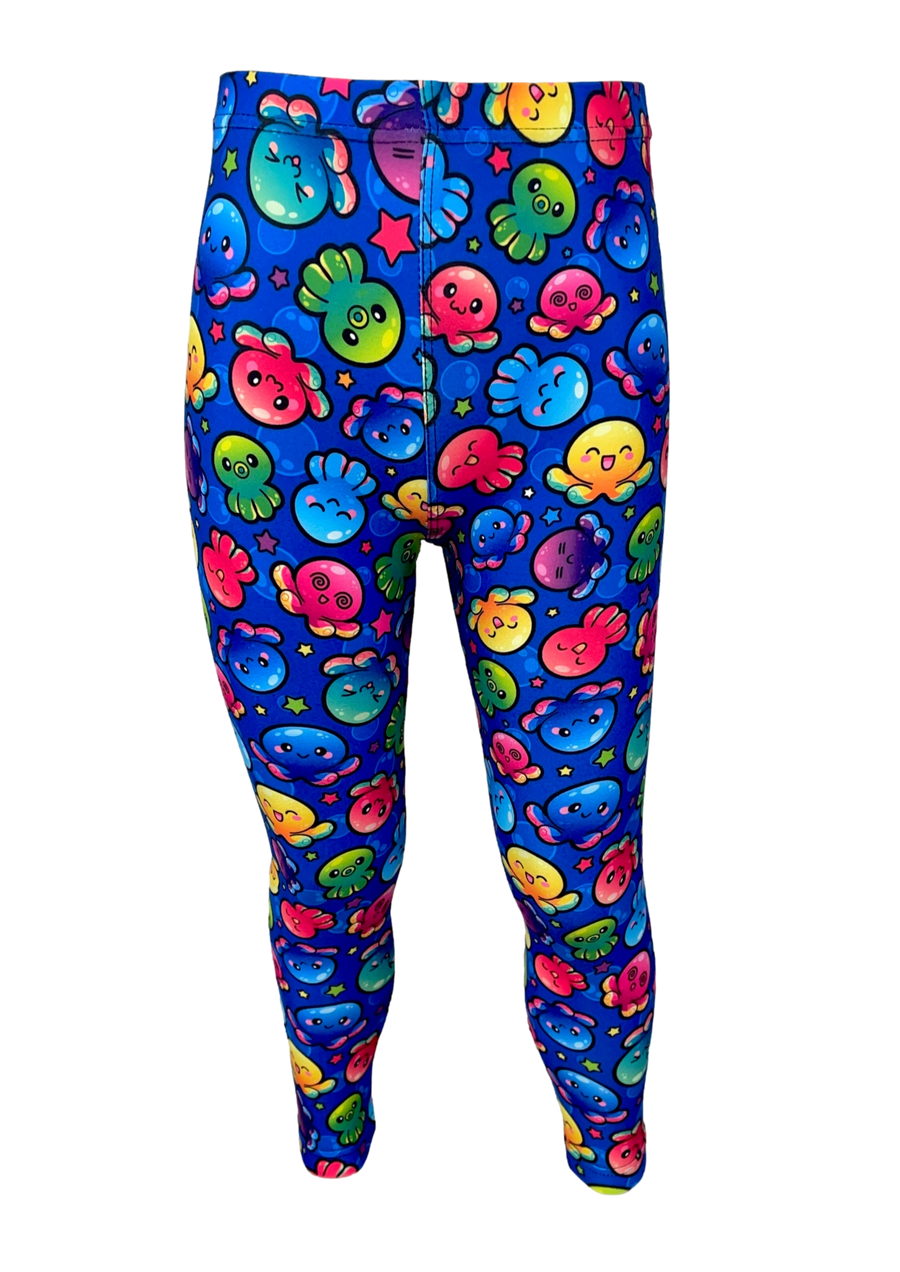 Royal blue leggings with light blue bubbles in the background. The main design is various brightly coloured cartoon octopuses with funny face expressions. There are also small bright stars scattered around the octopus. 