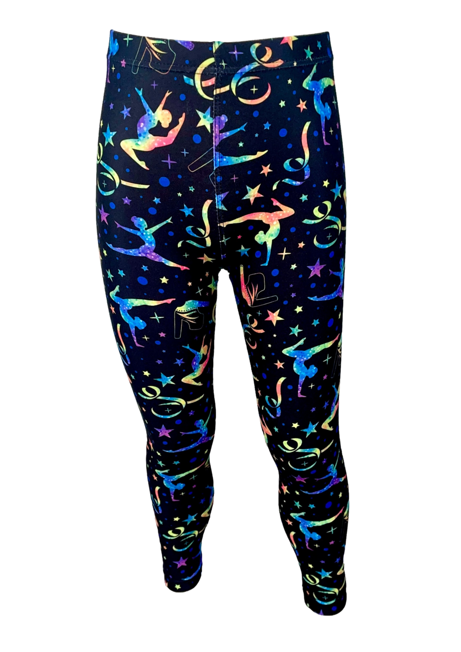Navy leggings with gymnastic silhouettes in rainbow glitter effect. There are small stars, circles and ribbons surrounding the gymnasts.  