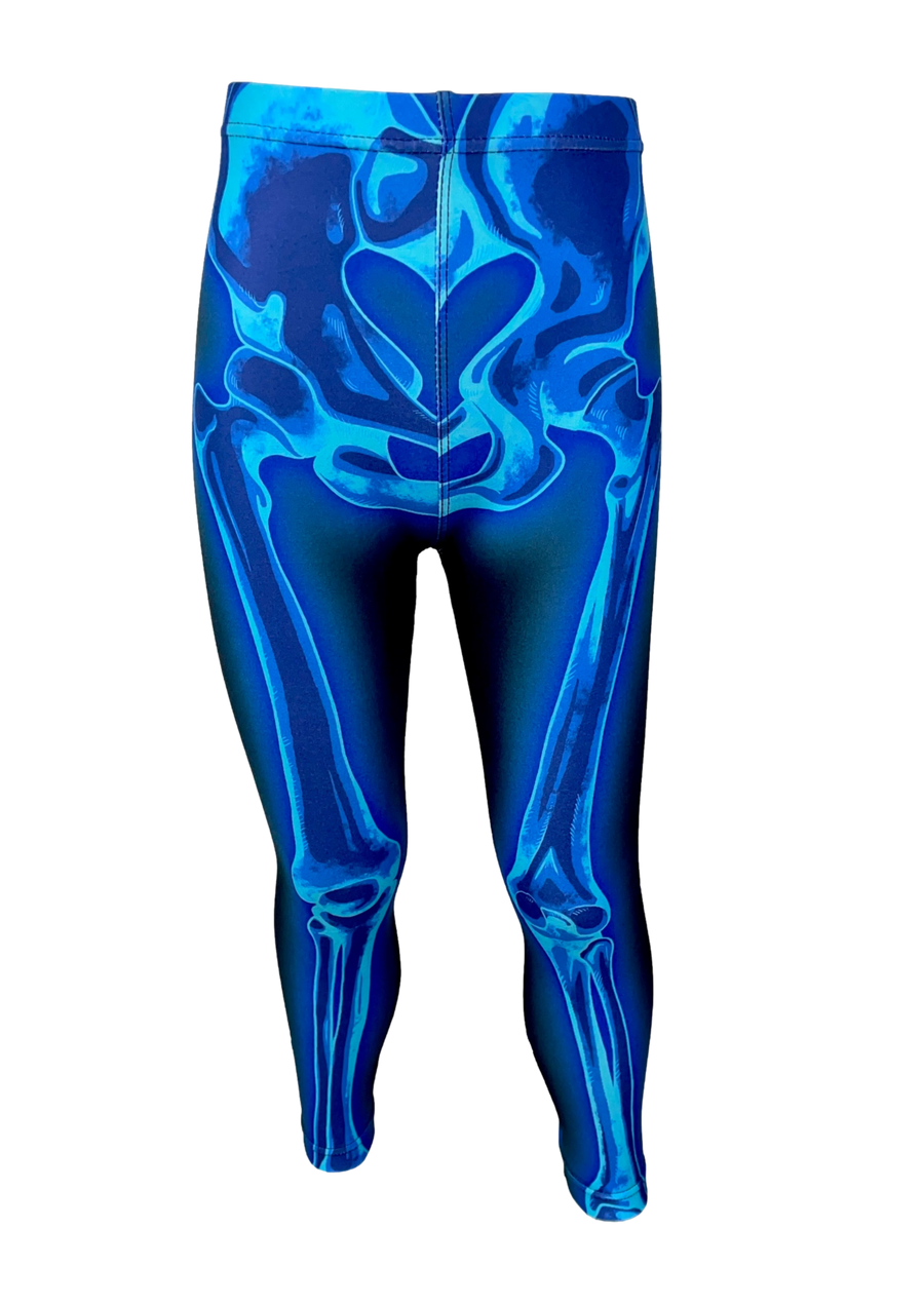 Black leggings with scale skeleton on the full front. The bones are blue tones with an x-ray effect. Surrounding the skeleton is an airbrushed blue effect. 