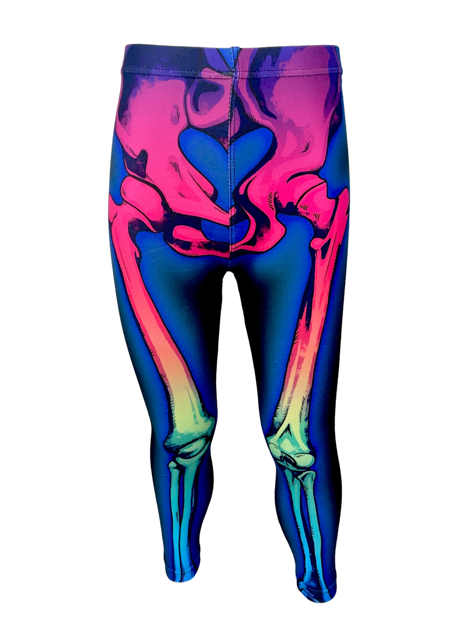 Black leggings with full scale skeleton fading from pink, yellow, green to blue. The bones are surrounded by airbrushed bright blue glow effect. 