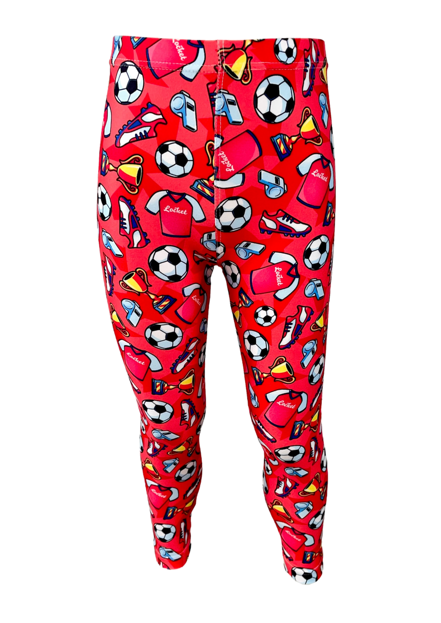 red leggings with football themed design including red football shirt, football boot, whistles and black and white footballs.